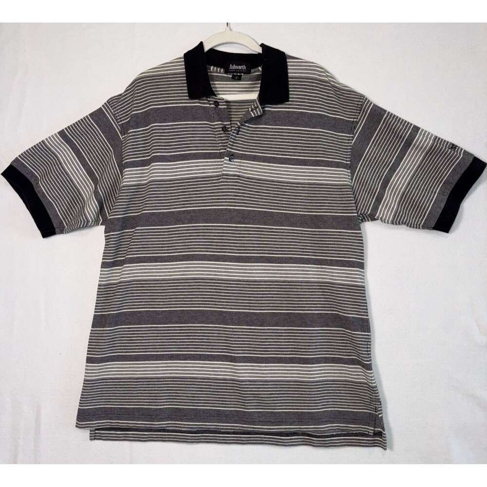 Ashworth Black/White Striped Golf Polo Shirt Sz Med 100% Cotton Casual Business